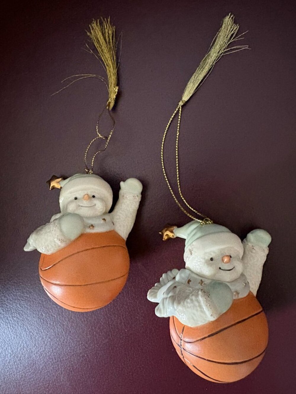 Pair of Lenox Basketball Snowmen Porcelain Christmas Tree Ornaments